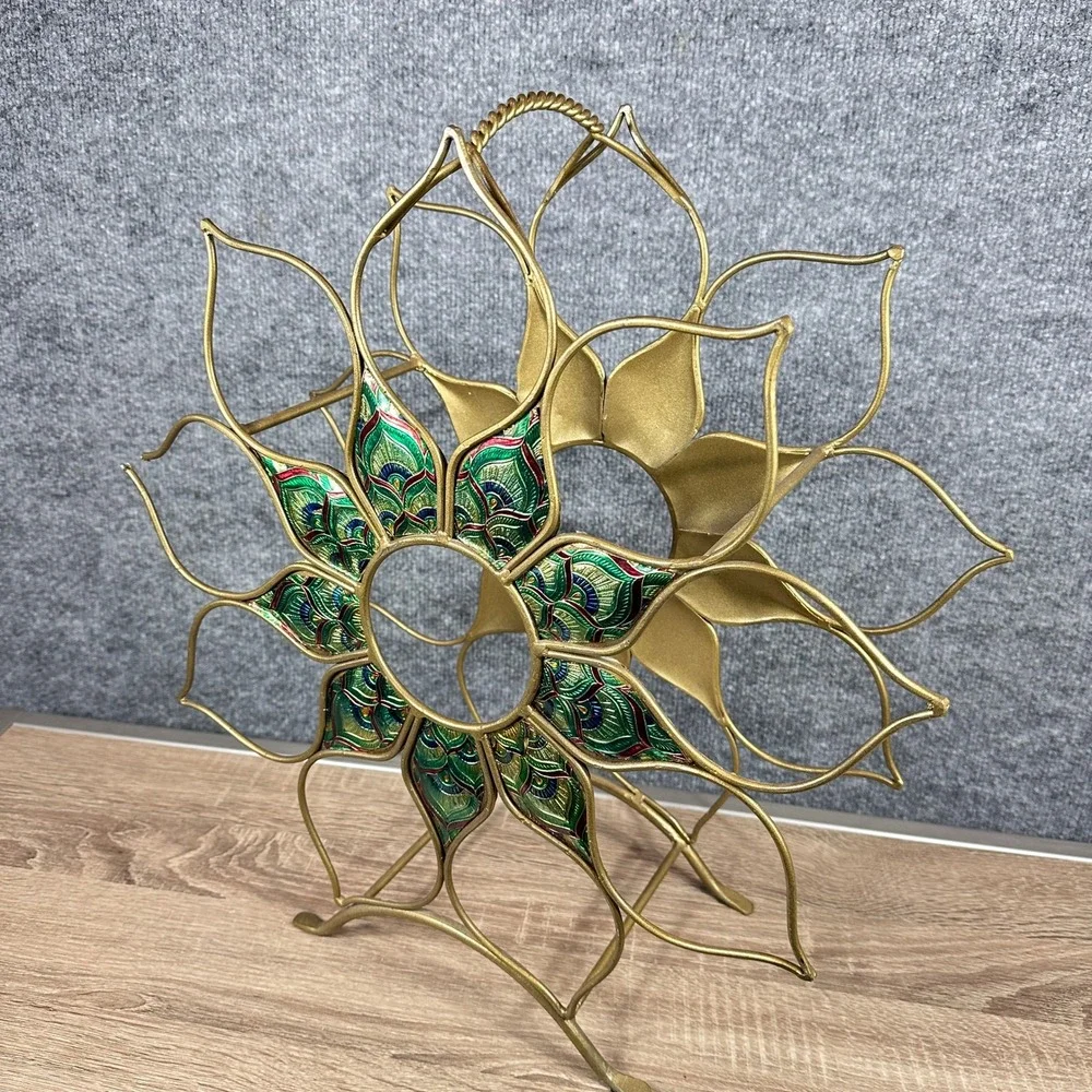 VTG Pier One Wine Rack Lotus Enamel Peacock Art Nouveau Bohemian Eclectic Jewel